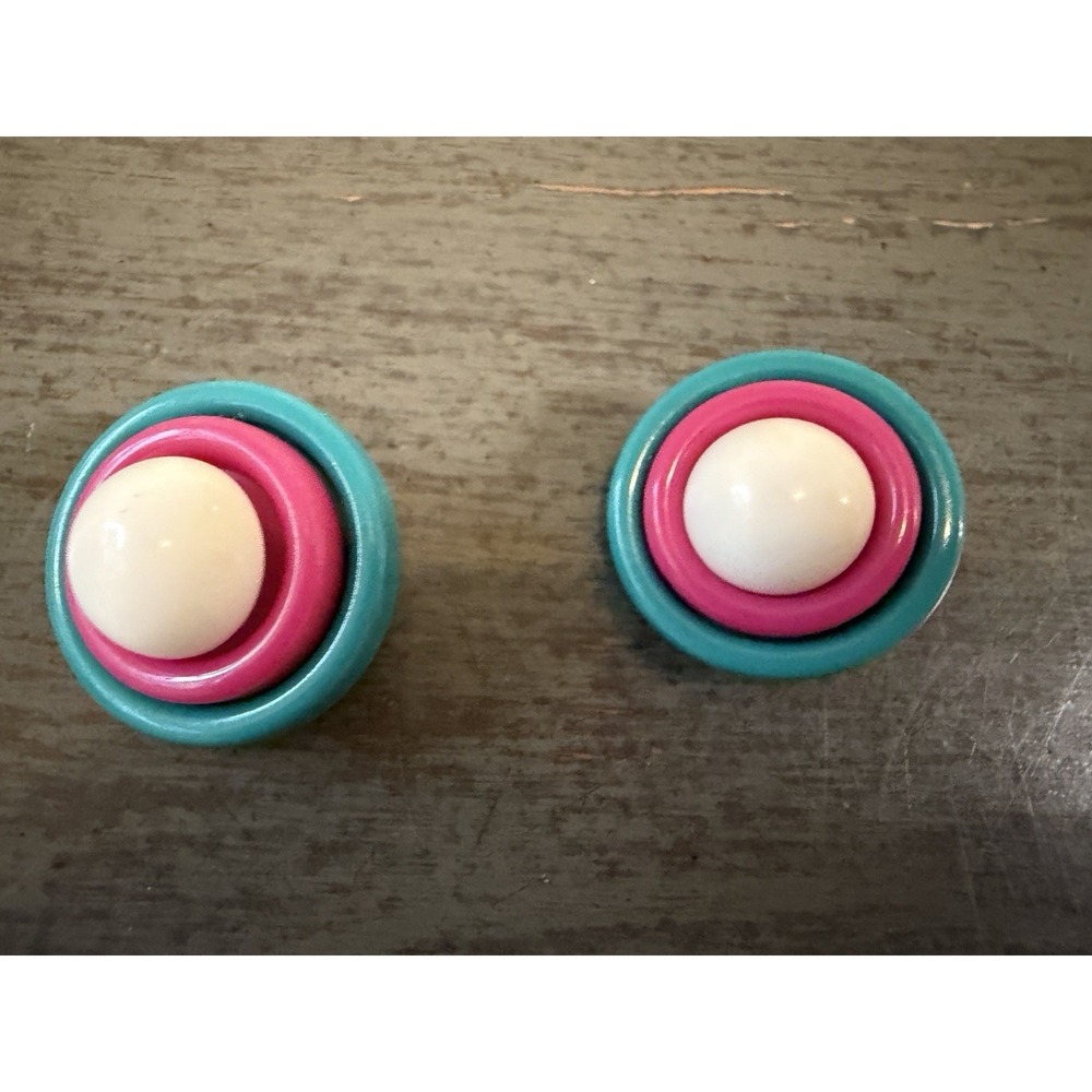 Vintage 1980s Teal Pink Color Block Dome Stud Earrings Retro Bold